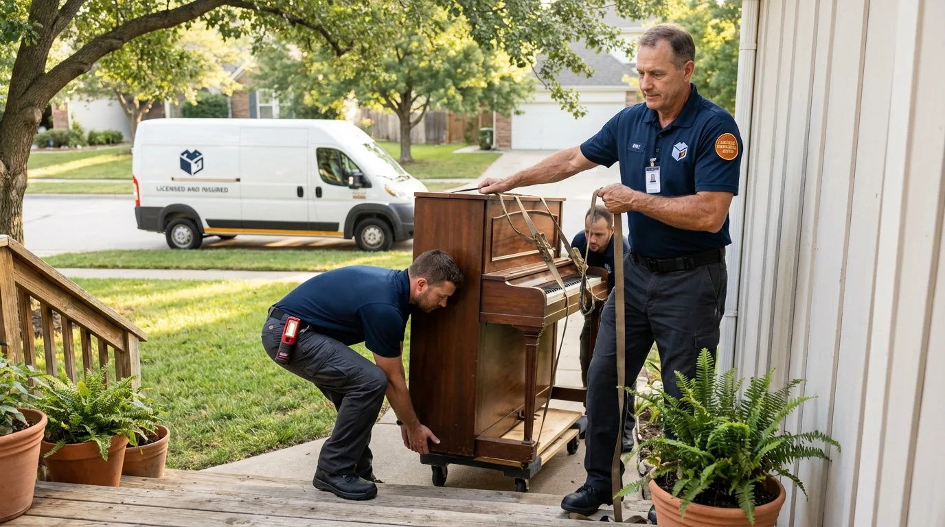 Licensed piano movers securing grand piano in Ridgecrest, CA