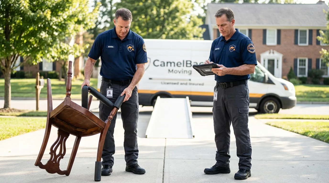 Movers inspecting furniture for damage prevention before loading in Ridgecrest, CA