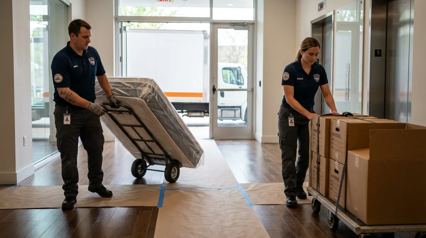 Professional apartment movers loading elevator in Ridgecrest, CA