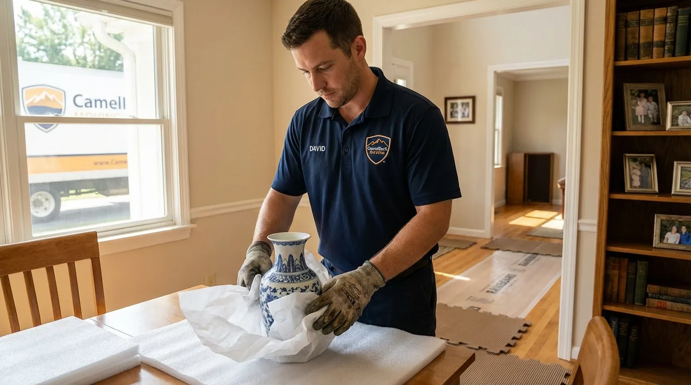 Professional crew carefully wrapping antique vase for senior downsizing move in Ridgecrest, CA